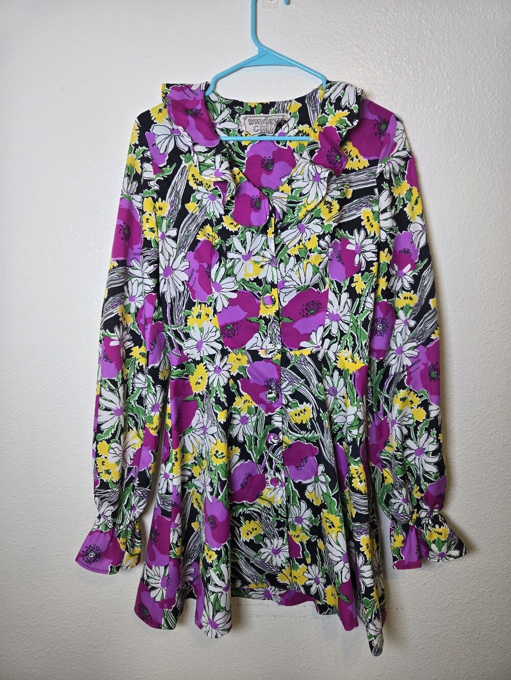 Vtg 70s Sundays Child Dress Long Slerve Mini Floral Button Down Small